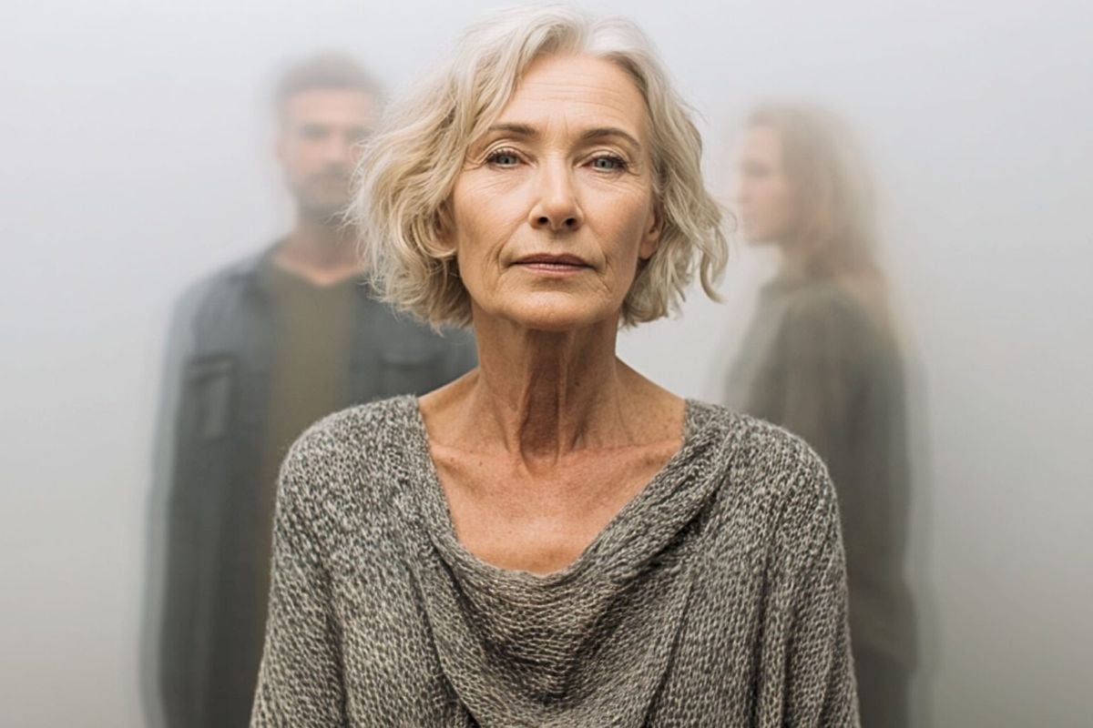 Serious-looking older woman in focus with a man and woman blurred in the background,