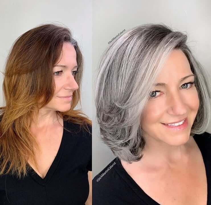 Older woman's gray hair transformation before and after.