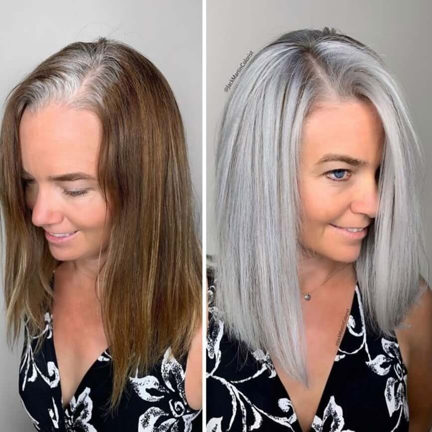 30 Gorgeous Women Who Are Embracing Gray Hair (Before and After Transformation) 23 Older woman's gray hair transformation before and after.