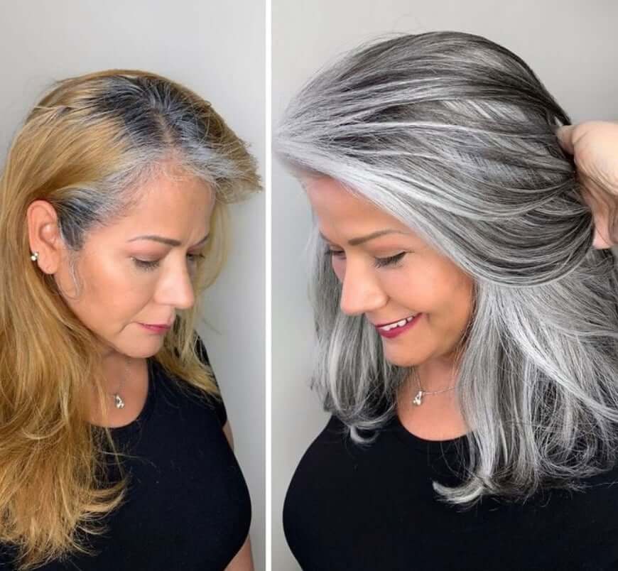 30 Gorgeous Women Who Are Embracing Gray Hair (Before and After Transformation) 22 Older woman's gray hair transformation before and after.