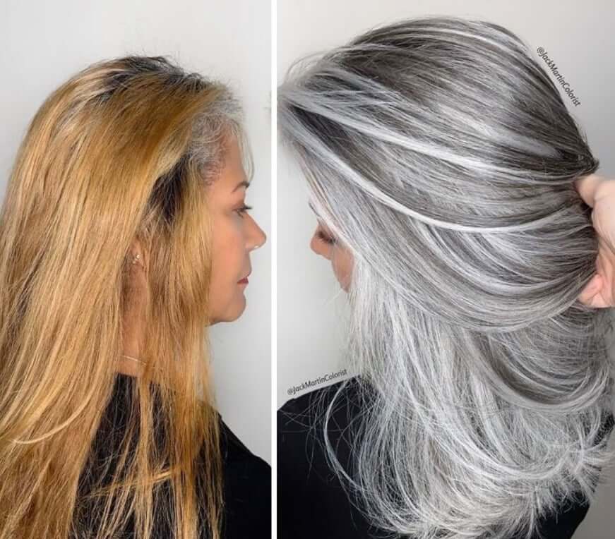 30 Gorgeous Women Who Are Embracing Gray Hair (Before and After Transformation) 21 Older woman's gray hair transformation before and after.