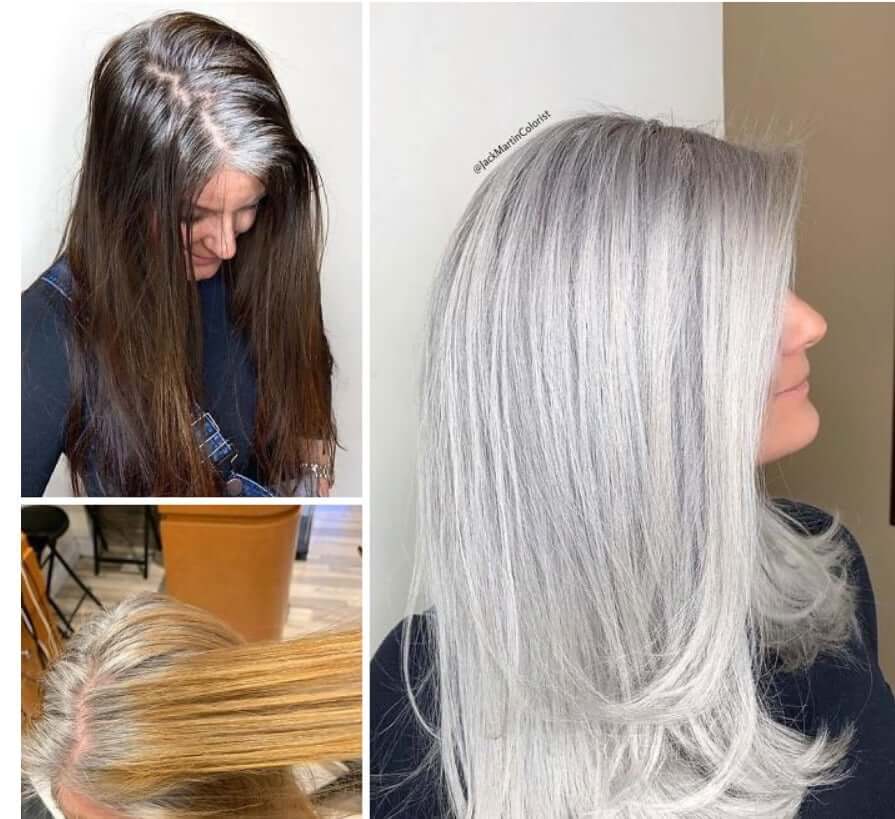 30 Gorgeous Women Who Are Embracing Gray Hair (Before and After Transformation) 20 Older woman's gray hair transformation before and after.