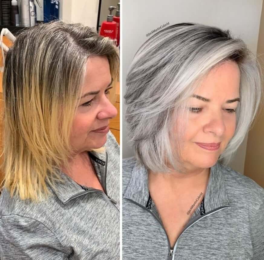 30 Gorgeous Women Who Are Embracing Gray Hair (Before and After Transformation) 19 Older woman's gray hair transformation before and after.