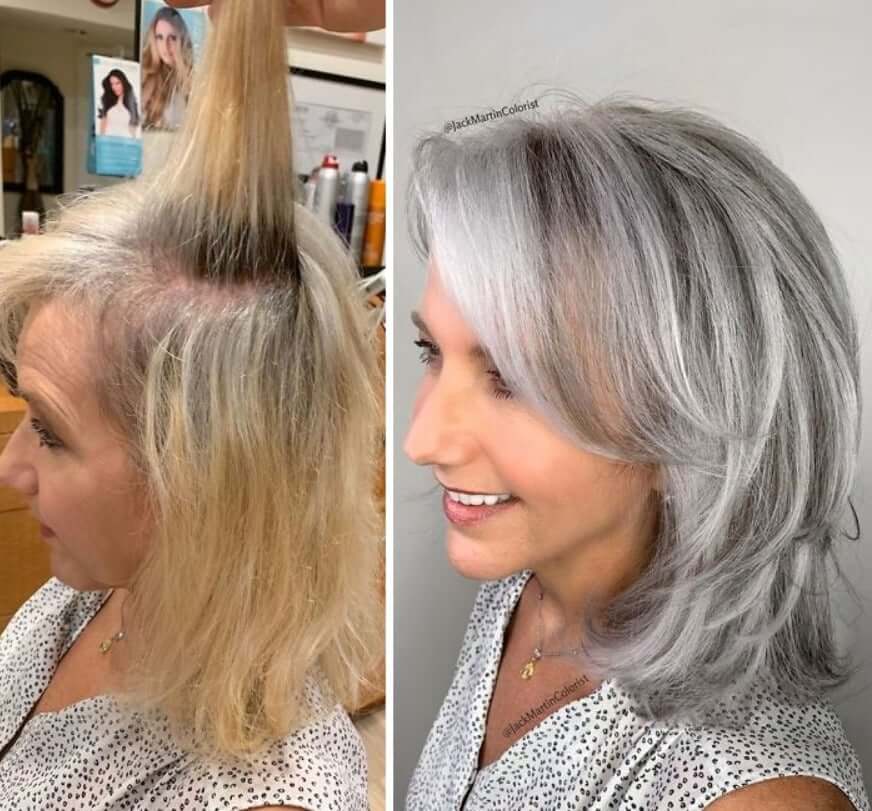 30 Gorgeous Women Who Are Embracing Gray Hair (Before and After Transformation) 18 Older woman's gray hair transformation before and after.