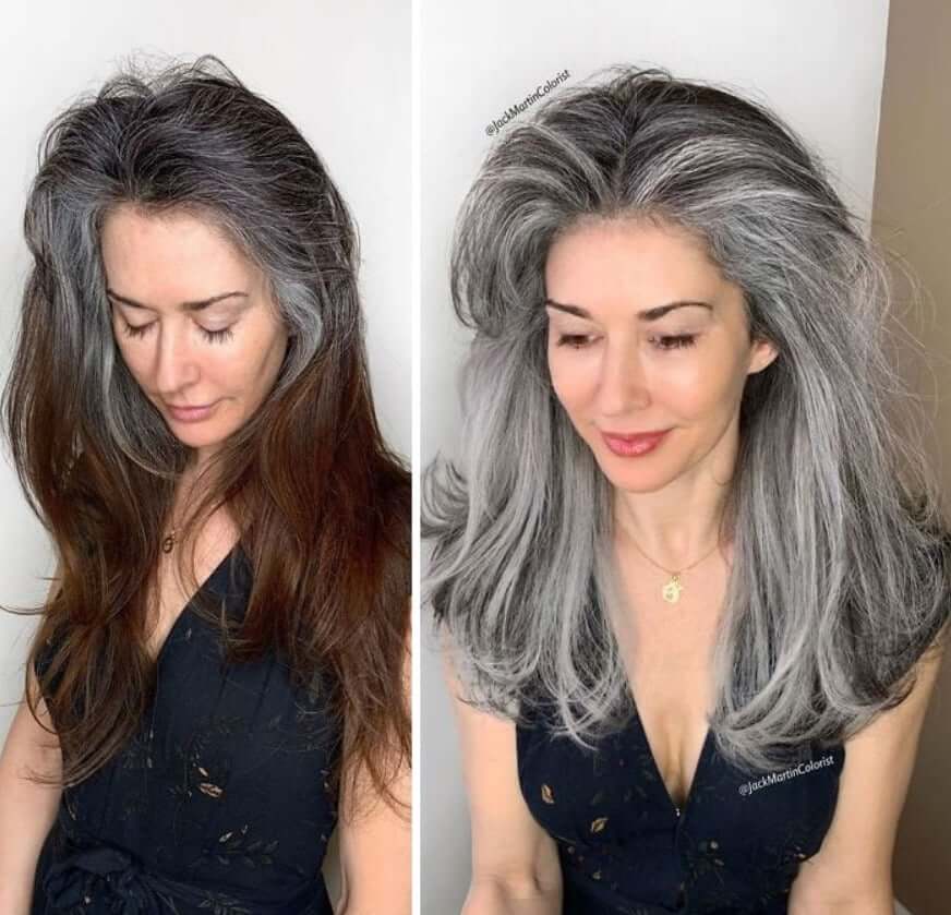 30 Gorgeous Women Who Are Embracing Gray Hair (Before and After Transformation) 16 Older woman's gray hair transformation before and after.