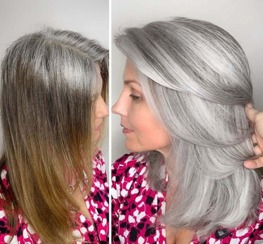 30 Gorgeous Women Who Are Embracing Gray Hair (Before and After Transformation) 15 Older woman's gray hair transformation before and after.