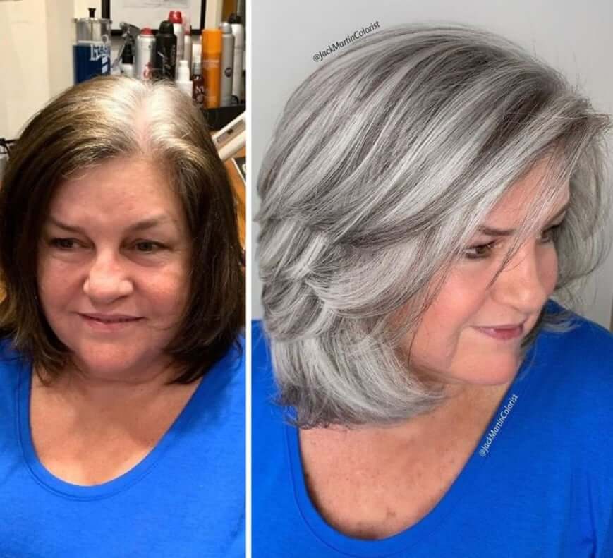 30 Gorgeous Women Who Are Embracing Gray Hair (Before and After Transformation) 14 Older woman's gray hair transformation before and after.