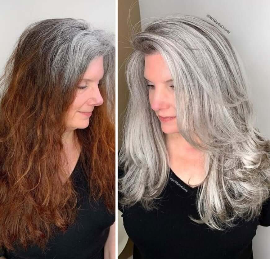 30 Gorgeous Women Who Are Embracing Gray Hair (Before and After Transformation) 31 Older woman's gray hair transformation before and after.