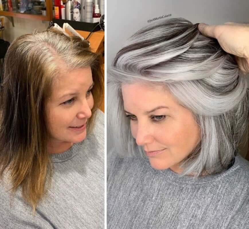 30 Gorgeous Women Who Are Embracing Gray Hair (Before and After Transformation) 13 Older woman's gray hair transformation before and after.