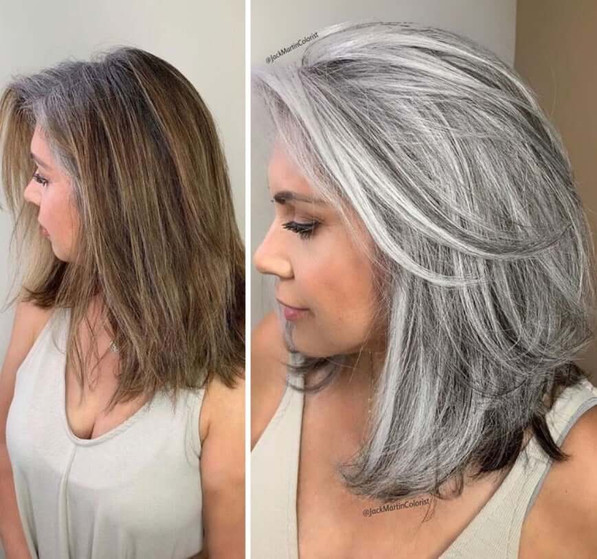 30 Gorgeous Women Who Are Embracing Gray Hair (Before and After Transformation) 12 Older woman's gray hair transformation before and after.
