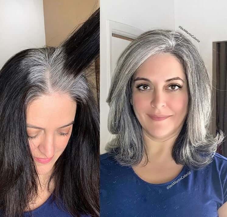 30 Gorgeous Women Who Are Embracing Gray Hair (Before and After Transformation) 11 Older woman's gray hair transformation before and after.