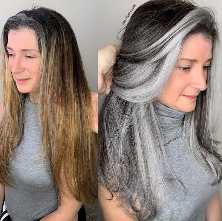 30 Gorgeous Women Who Are Embracing Gray Hair (Before and After Transformation) 9 Older woman's gray hair transformation before and after.