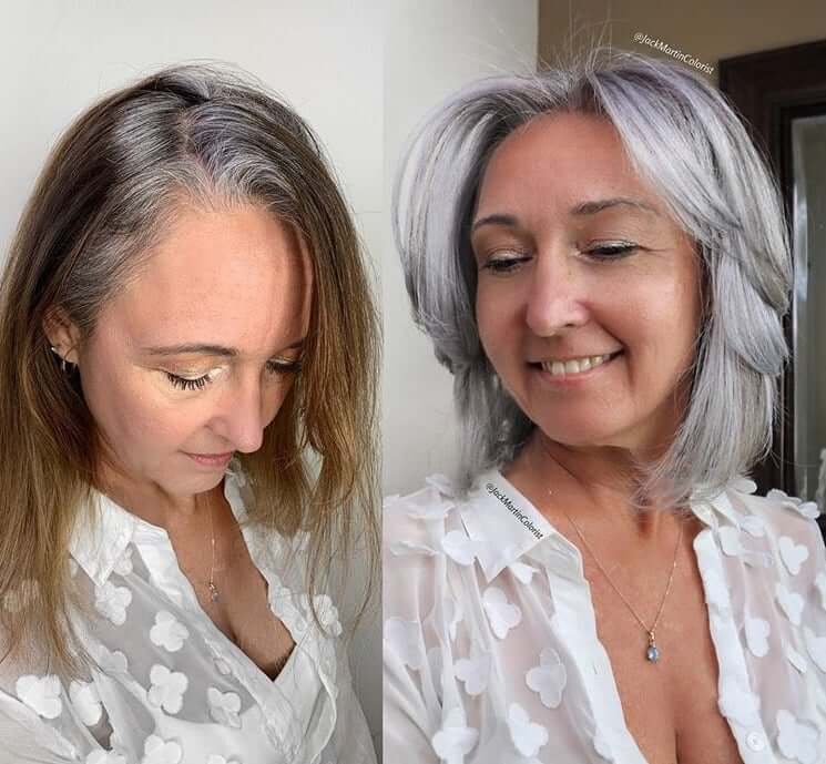 30 Gorgeous Women Who Are Embracing Gray Hair (Before and After Transformation) 8 Older woman's gray hair transformation before and after.