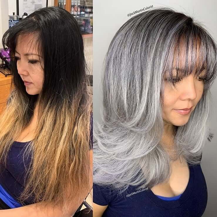30 Gorgeous Women Who Are Embracing Gray Hair (Before and After Transformation) 6 Older woman's gray hair transformation before and after.