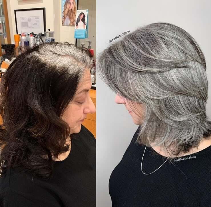 30 Gorgeous Women Who Are Embracing Gray Hair (Before and After Transformation) 5 Older woman's gray hair transformation before and after.