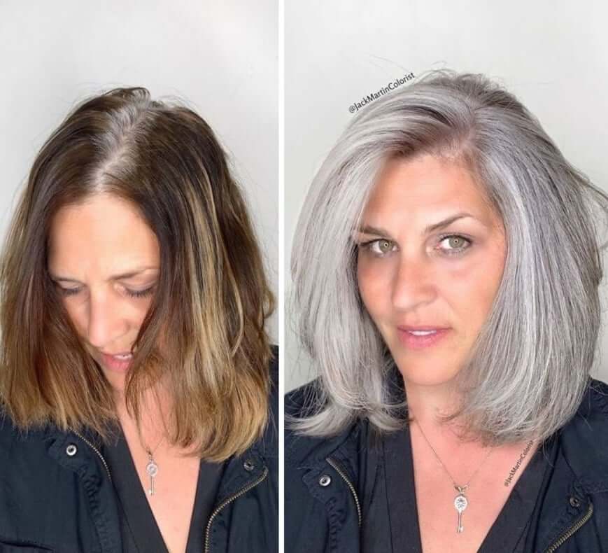 30 Gorgeous Women Who Are Embracing Gray Hair (Before and After Transformation) 29 Older woman's gray hair transformation before and after.