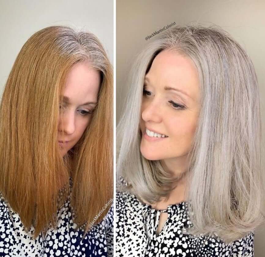 30 Gorgeous Women Who Are Embracing Gray Hair (Before and After Transformation) 26 Older woman's gray hair transformation before and after.