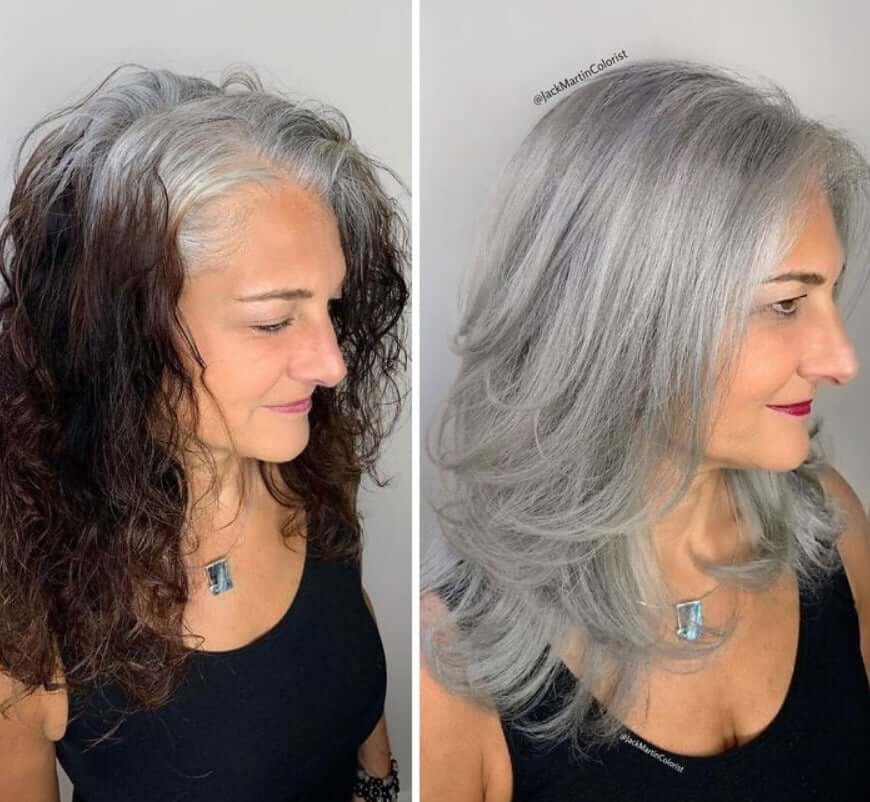 30 Gorgeous Women Who Are Embracing Gray Hair (Before and After Transformation) 24 Older woman's gray hair transformation before and after.