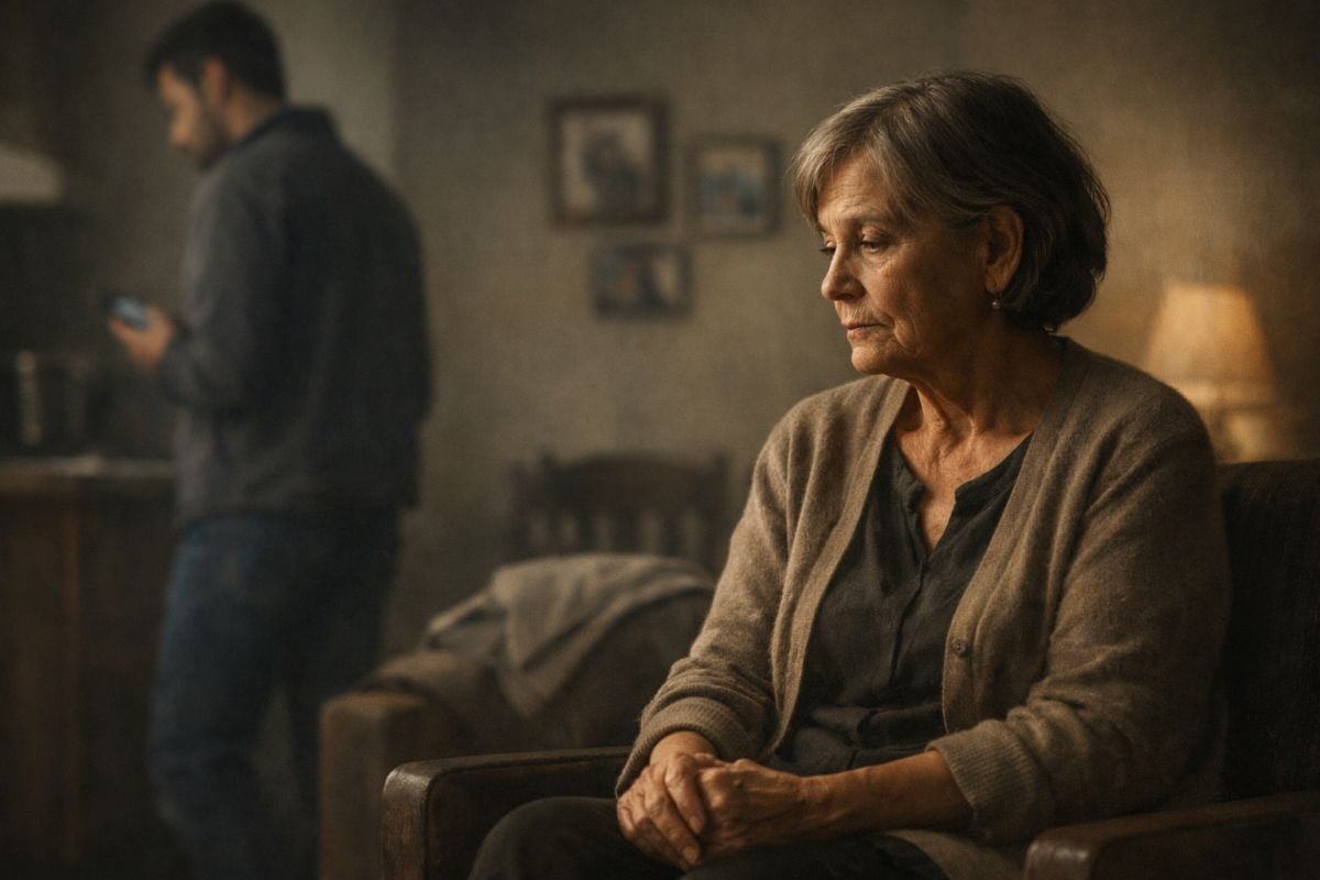 Older woman sitting quietly in a chair with hands folded, looking sad and reflective, while an adult man stands in the background focused on his phone, showing emotional neglect and distance.