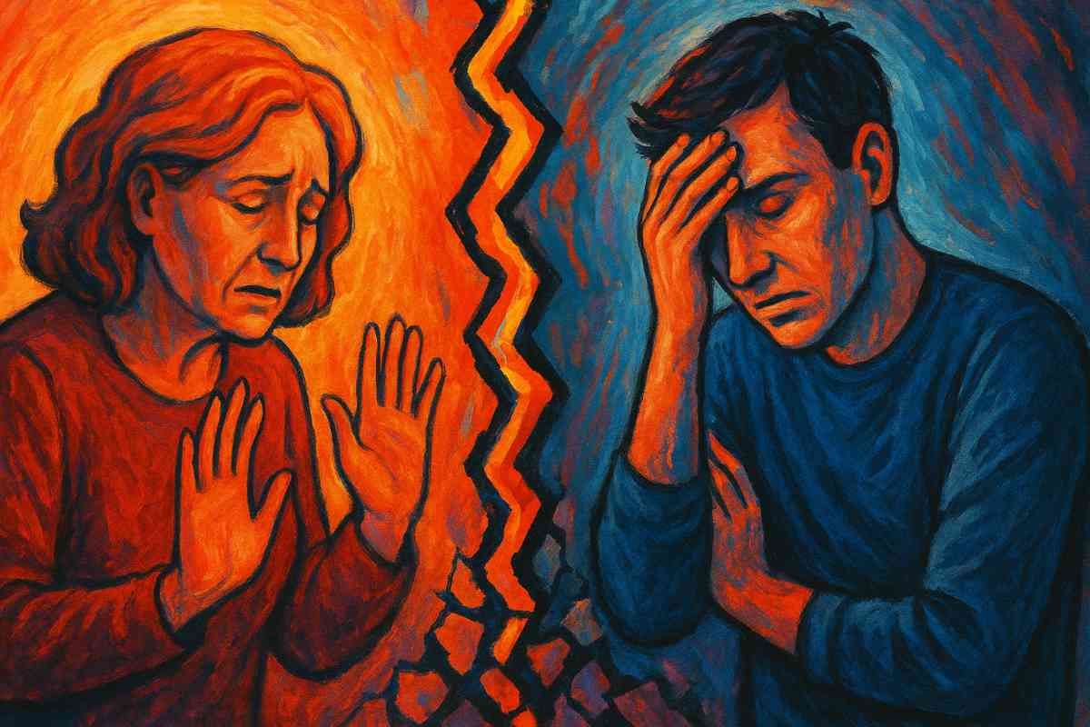 A colorful, emotional illustration showing an older woman on the left and her adult son on the right, separated by a jagged, glowing crack down the center. The woman holds her hands up in a gentle “stop” gesture, looking sad and conflicted. The man sits with his hand on his forehead, appearing stressed and overwhelmed. Warm oranges surround the mother, while cool blues surround the son, highlighting the emotional tension and distance between them.