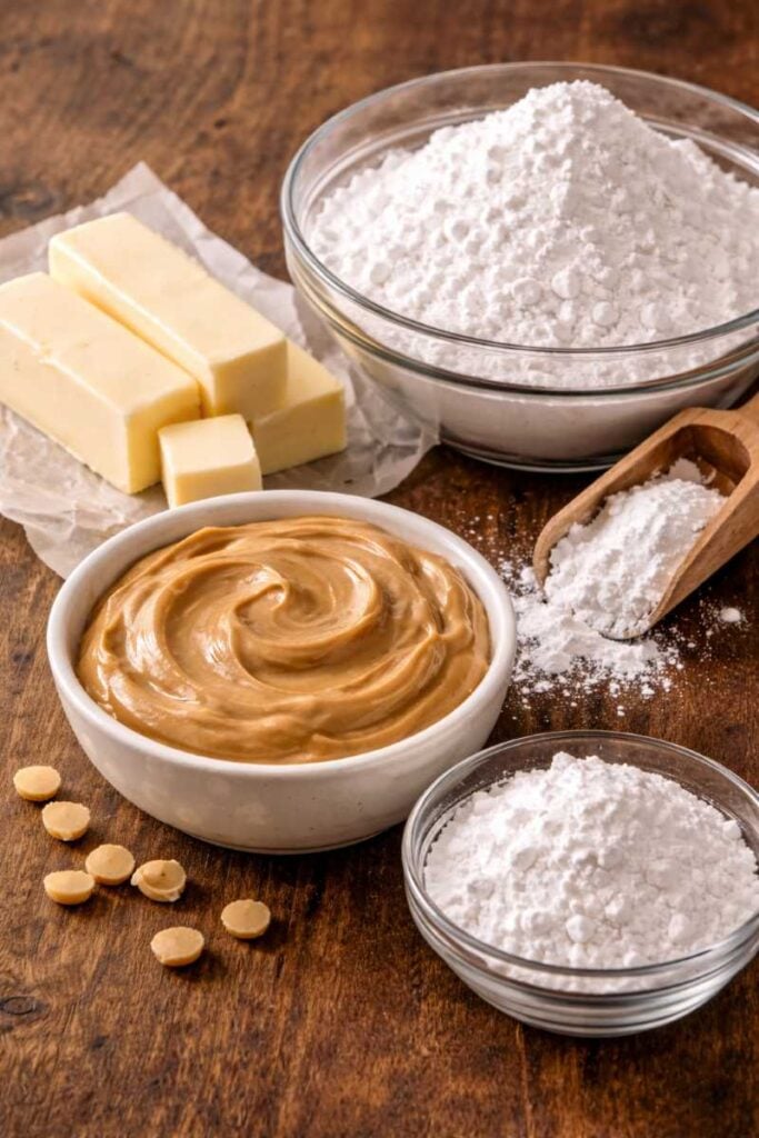 Super Velvety 3-Ingredient Peanut Butter Fudge Recipe You’ll Crave Again and Again 2 Bowls of creamy peanut butter and powdered sugar with sticks of butter arranged on a rustic wooden surface.