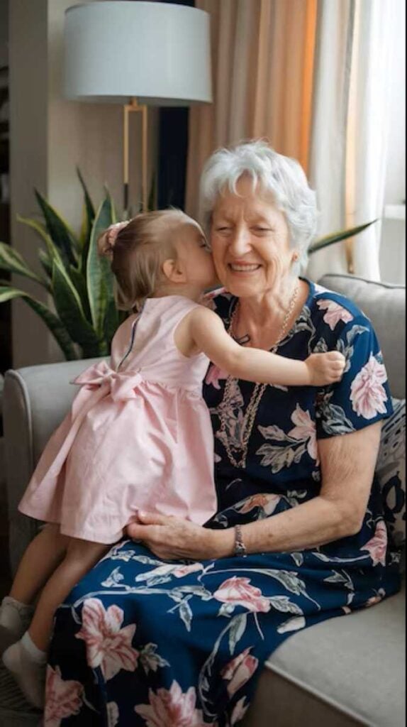 7 Loving Ways to Say No to Your Grandchild’s Request Without Hurting Their Feelings 2 A young child in a pink dress kisses her smiling grandmother on the cheek while sitting together on a couch in a bright living room filled with plants and natural light.