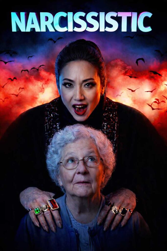 7 Signs Your Adult Child Has Narcissistic Traits (And What That Means for You as a Grandma) 2 Dramatic illustration of a frightened elderly grandmother with gray curly hair and glasses looking upward while a sinister woman with sharp teeth and glowing makeup looms behind her, hands resting on the grandmother’s shoulders, against a fiery red and purple sky with bats and the word “NARCISSISTIC” at the top.