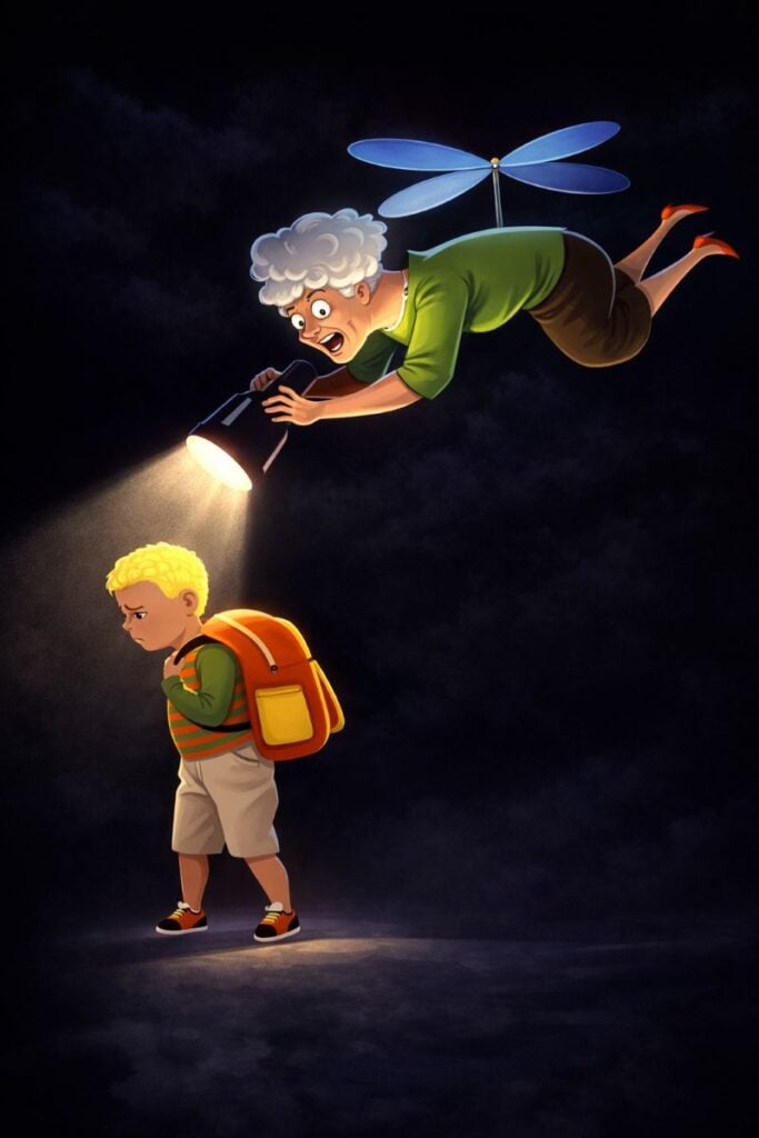 There Are the 8 Signs You’re a Helicopter Grandparent That No One Will Tell You 3 Illustration of a grandmother with a toy helicopter propeller flying above a young boy, shining a flashlight down on him in a dark setting as the child walks with a backpack and looks upset.