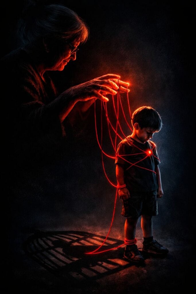 There Are the 8 Signs You’re a Helicopter Grandparent That No One Will Tell You 2 An elderly woman in shadow reaches out as glowing red strings extend from her hands and wrap around a young boy like puppet strings, symbolizing emotional control in a dark, dramatic scene.