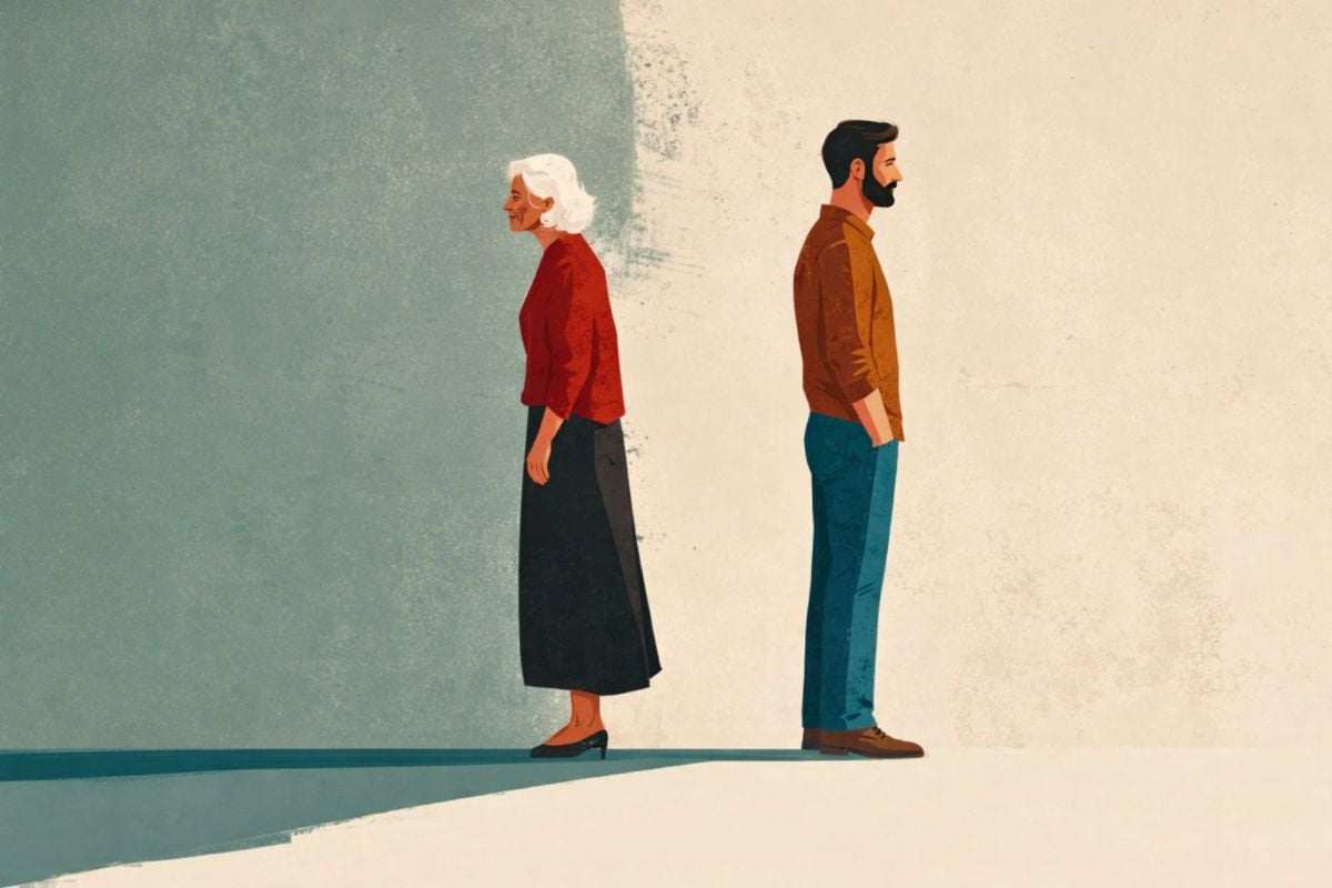 A minimalist illustration of an elderly grandmother and an adult man standing back-to-back, facing away from each other against a split muted blue and beige background, symbolizing emotional distance.