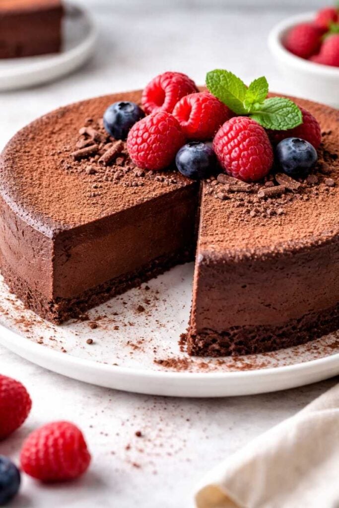 The Most Decadent 3-Ingredient Yogurt Chocolate Cheesecake Recipe You'll Ever Make 3 Close-up of a chocolate cheesecake topped with fresh raspberries, blueberries, mint leaves, and chocolate shavings.