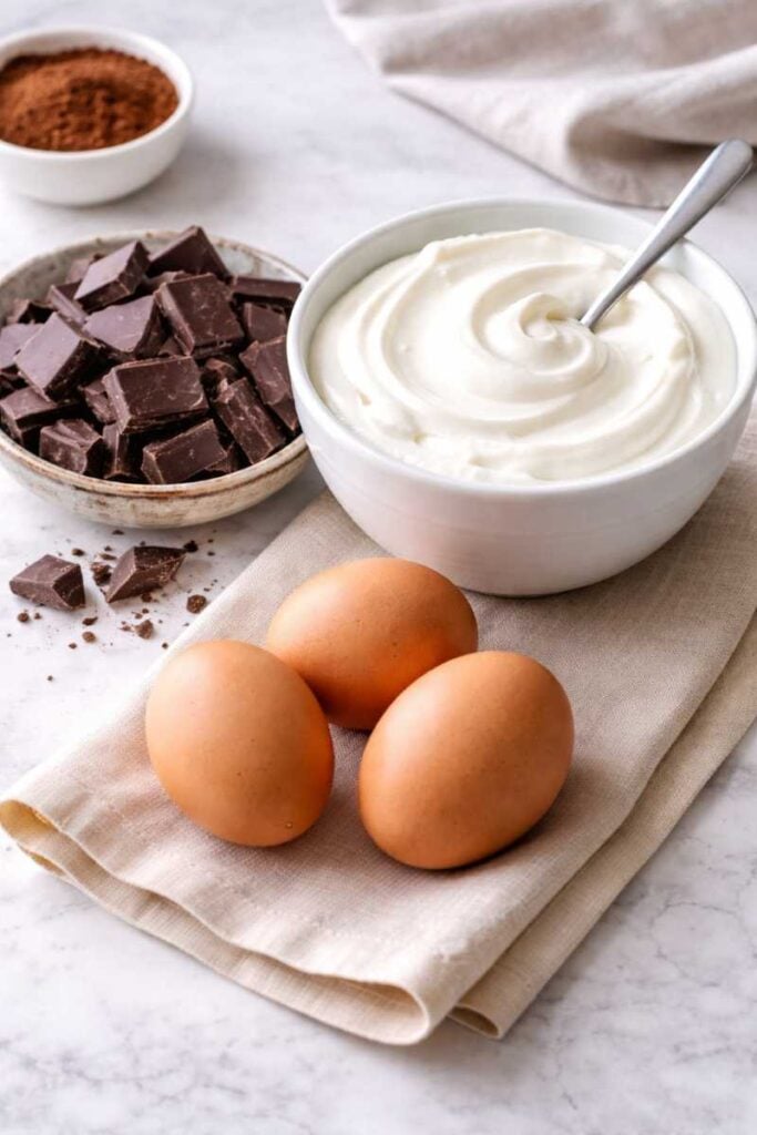 The Most Decadent 3-Ingredient Yogurt Chocolate Cheesecake Recipe You'll Ever Make 2 Ingredients for chocolate yogurt cheesecake including dark chocolate chunks, Greek yogurt, cocoa powder, and eggs on a marble surface.