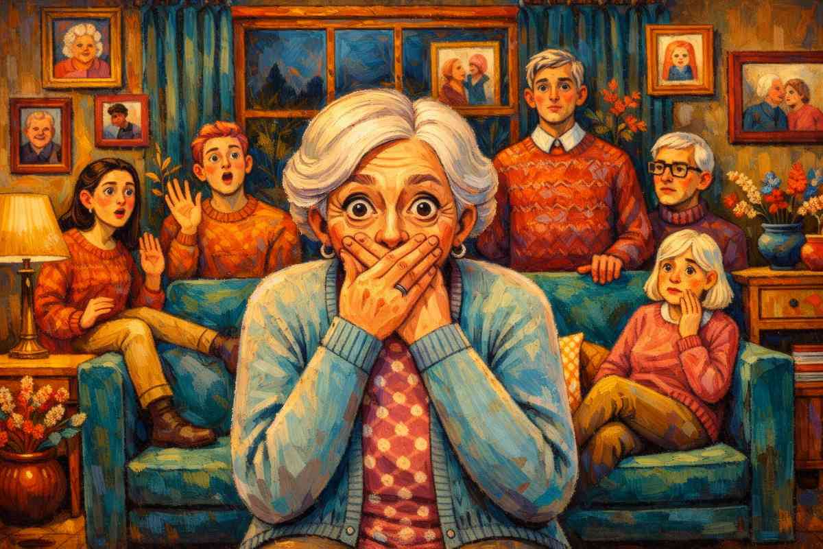A vibrant, expressive oil painting of a shocked elderly grandmother sitting in the foreground of a cozy living room, covering her mouth with both hands and staring wide-eyed. Behind her, five family members—two adults and three children—look equally surprised while sitting and standing around a teal couch. The room is warmly lit with rich orange, gold, and teal tones, textured brushstrokes, framed family portraits on the walls, a window with dark curtains, and decorative plants and lamps, creating an emotionally intense, scroll-stopping scene.