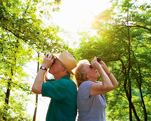 15 Addictive Grandmacore Hobbies That Feel Straight Out of a Simpler Time 5 Older couple standing back-to-back outdoors in a sunlit forest, both using binoculars to look at birds.