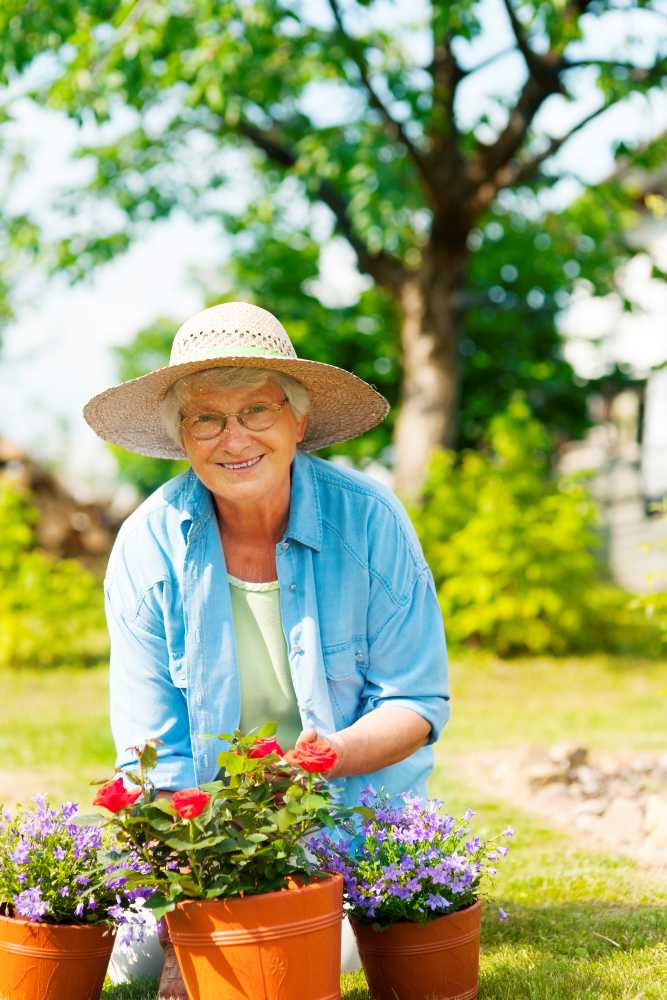 15 Addictive Grandmacore Hobbies That Feel Straight Out of a Simpler Time 6 Smiling elderly woman wearing a sunhat and denim shirt gardening, tending to potted flowers in a sunny yard.