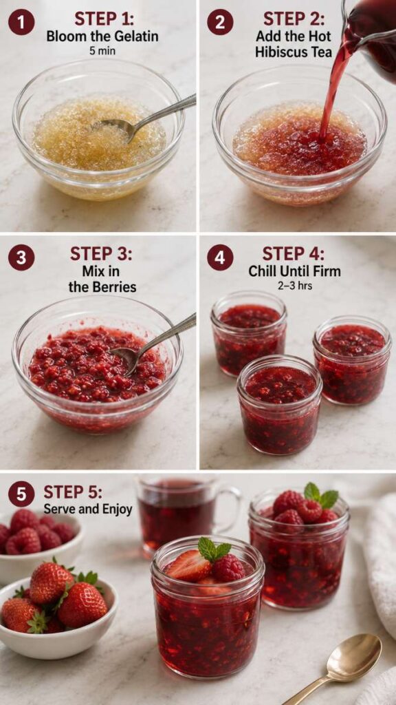 The 3-Ingredient Bariatric Gelatin Diet Trick Recipe: The Weight Loss Hack You Need to Try 4 A photorealistic five-step berry gelatin recipe infographic showing bloomed gelatin, hot hibiscus tea being poured into a bowl, mashed raspberries mixed into the gelatin, jars chilling until firm, and finished berry gelatin jars topped with strawberries, raspberries, and mint on a marble countertop.