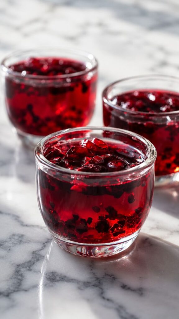 The 3-Ingredient Bariatric Gelatin Diet Trick Recipe: The Weight Loss Hack You Need to Try 5 Three glass cups filled with red berry gelatin dessert on a marble surface for a 3-ingredient bariatric gelatin diet recipe.