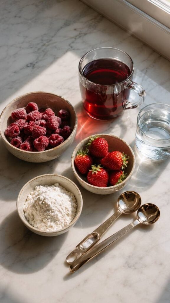 The 3-Ingredient Bariatric Gelatin Diet Trick Recipe: The Weight Loss Hack You Need to Try 3 Overhead view of strawberries, raspberries, gelatin powder, hibiscus tea, and water prepared for a 3-ingredient bariatric gelatin diet recipe.