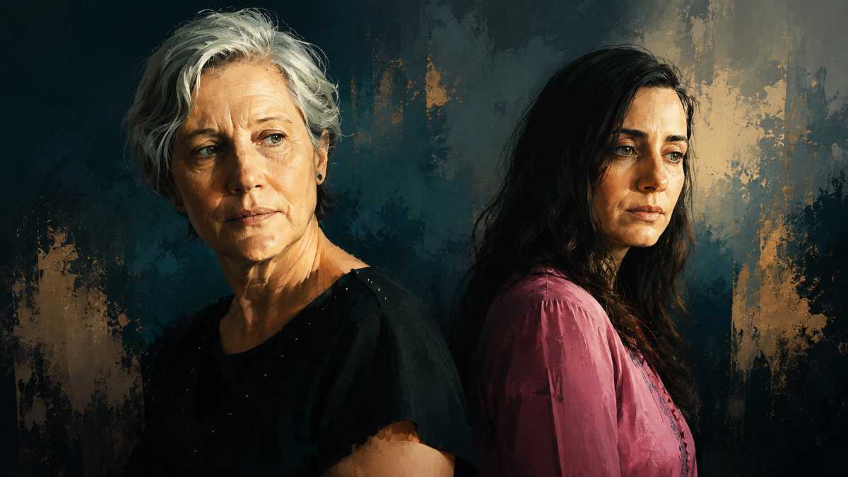Editorial-style illustration of an older mother and her adult daughter standing back-to-back, looking away from each other with somber expressions, symbolizing emotional distance, unresolved hurt, and family estrangement.