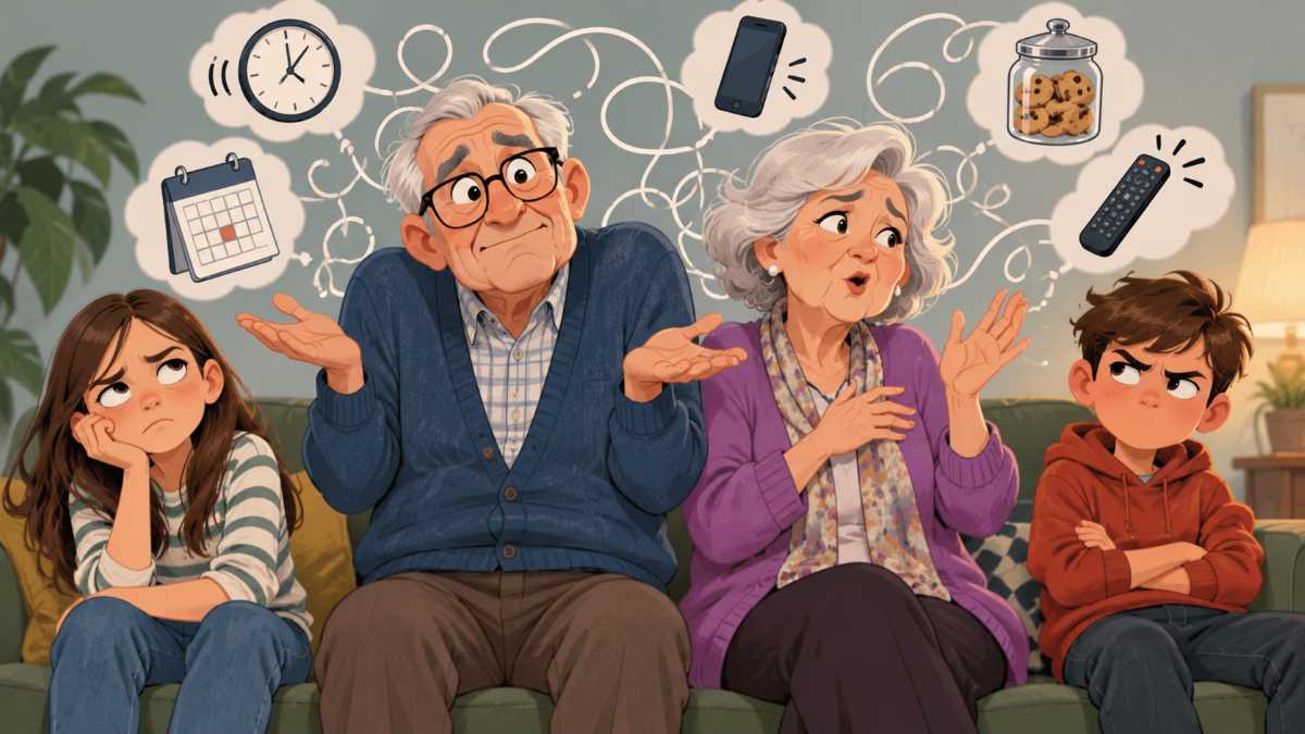 Illustration of two elderly grandparents sitting on a couch between two annoyed-looking grandchildren. The grandparents shrug and gesture as thought bubbles above them show a clock, calendar, smartphone, cookie jar, and TV remote, suggesting common excuses or reasons they give.