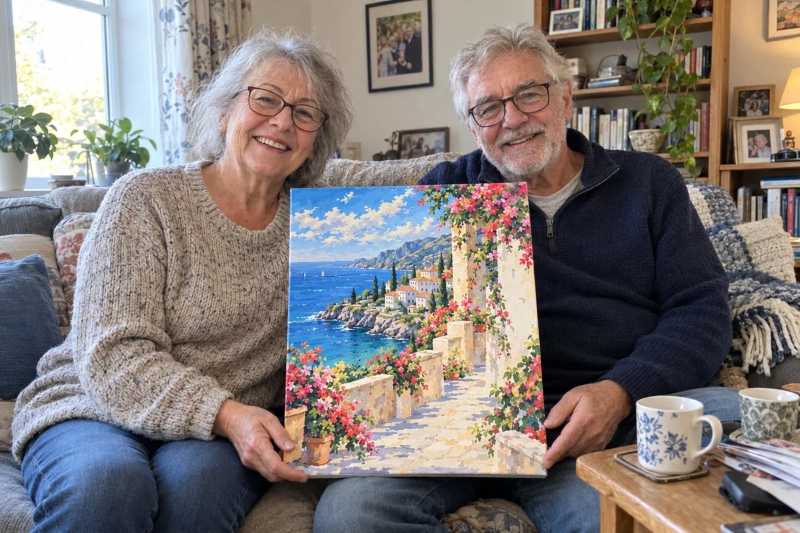 Remember Paint-by-Numbers From the 1960s? You Won’t Believe What They Look Like Today 5 A smiling older couple wearing glasses sits together on a cozy living room sofa, proudly holding a colorful painting of a Mediterranean coastal village with blue seas, mountains, and vibrant flowers. Bookshelves, family photos, and coffee mugs create a warm, welcoming atmosphere.