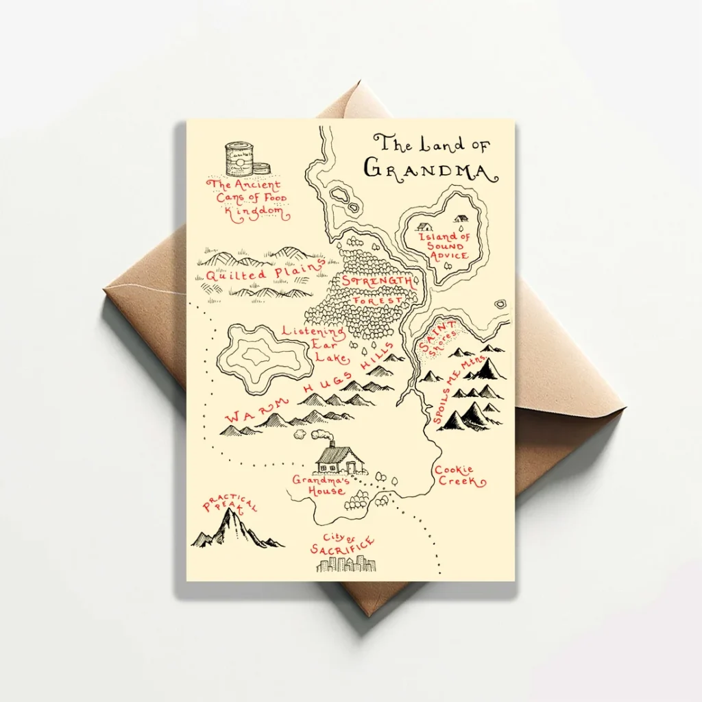 15 Unexpected Things to Mail Your Grandkids That’ll Make Them Smile From Ear to Ear 6 Hand-drawn “Land of Grandma” map card featuring Grandma’s house, Cookie Creek, Warm Hugs Hills, and other sweet landmarks.
