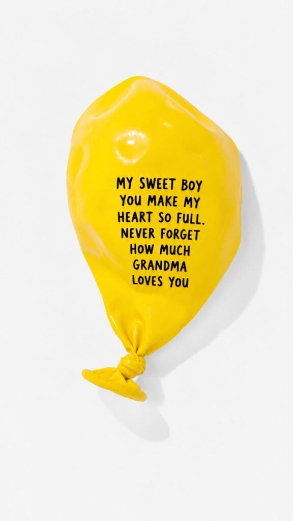 15 Unexpected Things to Mail Your Grandkids That’ll Make Them Smile From Ear to Ear 3 Yellow balloon with a loving message from Grandma to her grandson saying he makes her heart full.